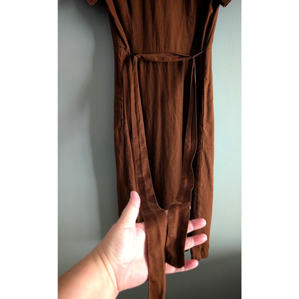 Quince 100% Linen Button Front Dress S Terracotta Rust Midi Pocket Notch Collar - Picture 12 of 16